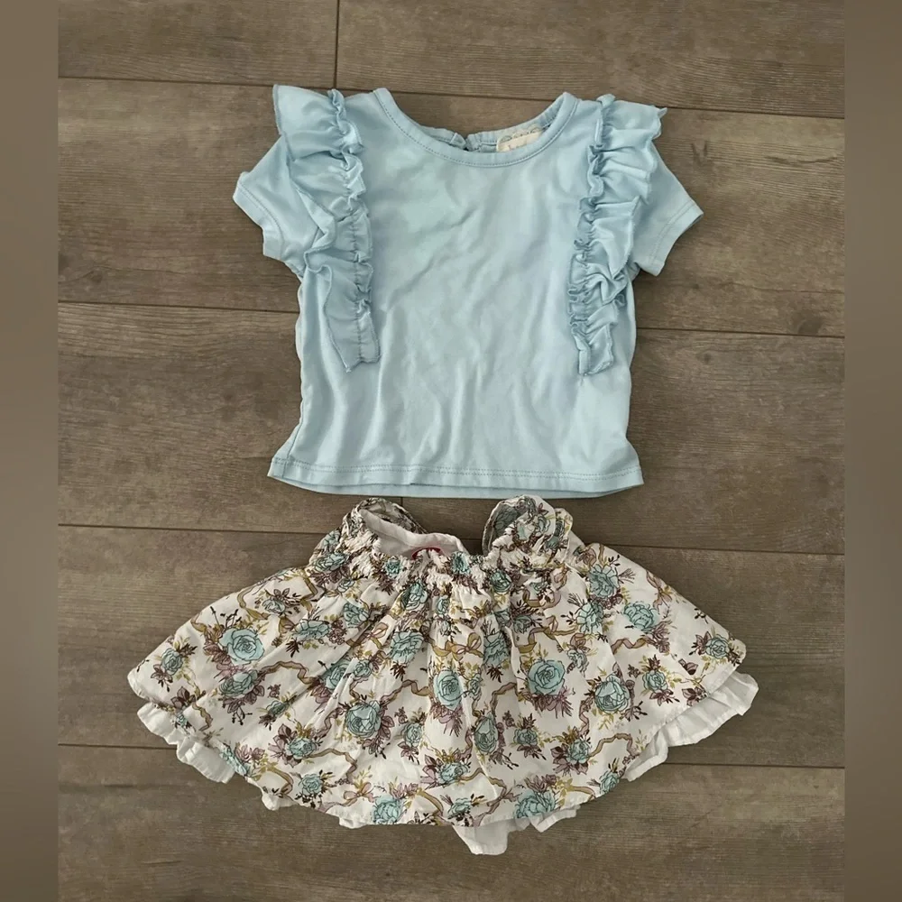 Baby Girl 12 M Ruffle Floral Twirl Tiered Skirt & Matching Ruffle Shirt Set